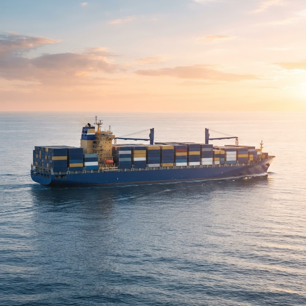 Containerskip på havet med Balikbayan-esker på vei til Filippinene